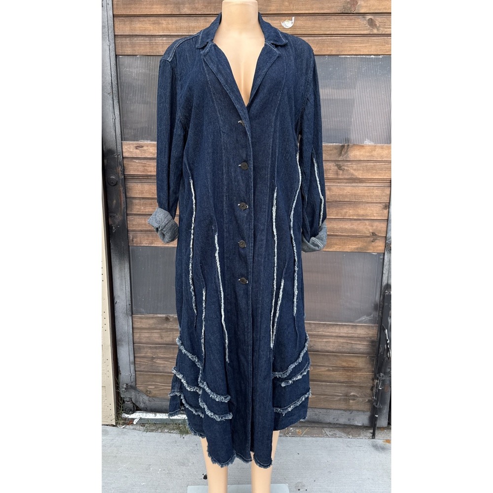Cynthia Ashby Denim DusterJacket /dress Artsy Asymmetrical Distressed Lagenlook - Picture 1 of 12